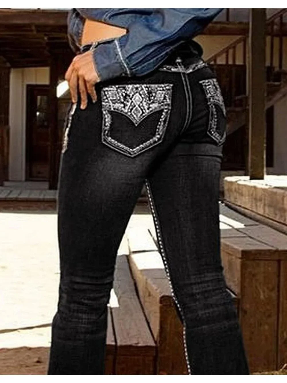 Women's Ink Blue Pull On Mid Rise Flare Leg Zipper Lifting Bootcut Jeans